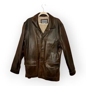 Johnston & Murphy Brown Leather Button Front Jacket Classic Field Coat Large